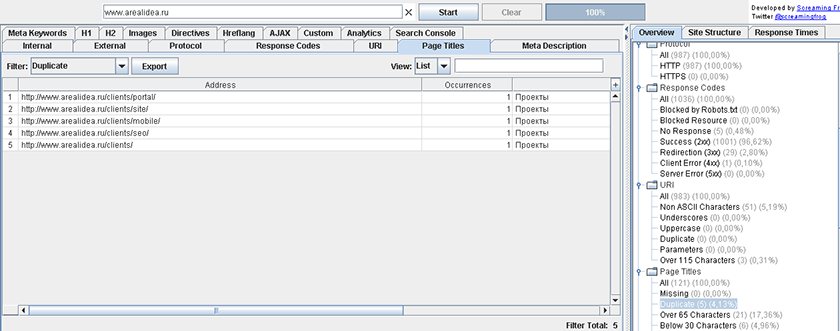 Screaming Frog — поиск дублей