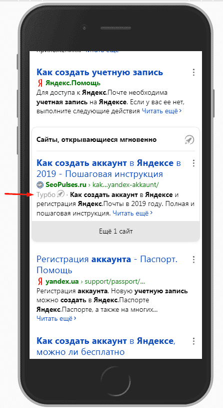 Турбо страница в поисковой выдаче Яндекса