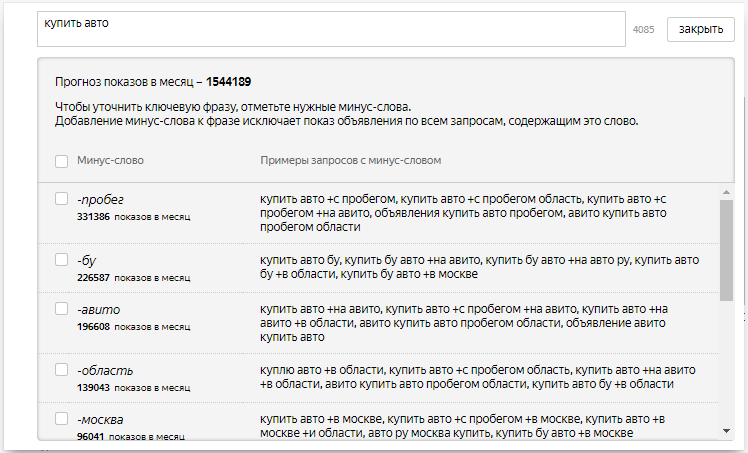 Минус-слова Яндекс.Директ – окно добавления минус-слов для фразы