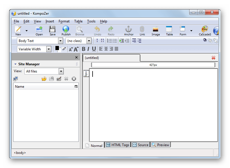 Интерфейс визуального HTML-редактора Kompozer