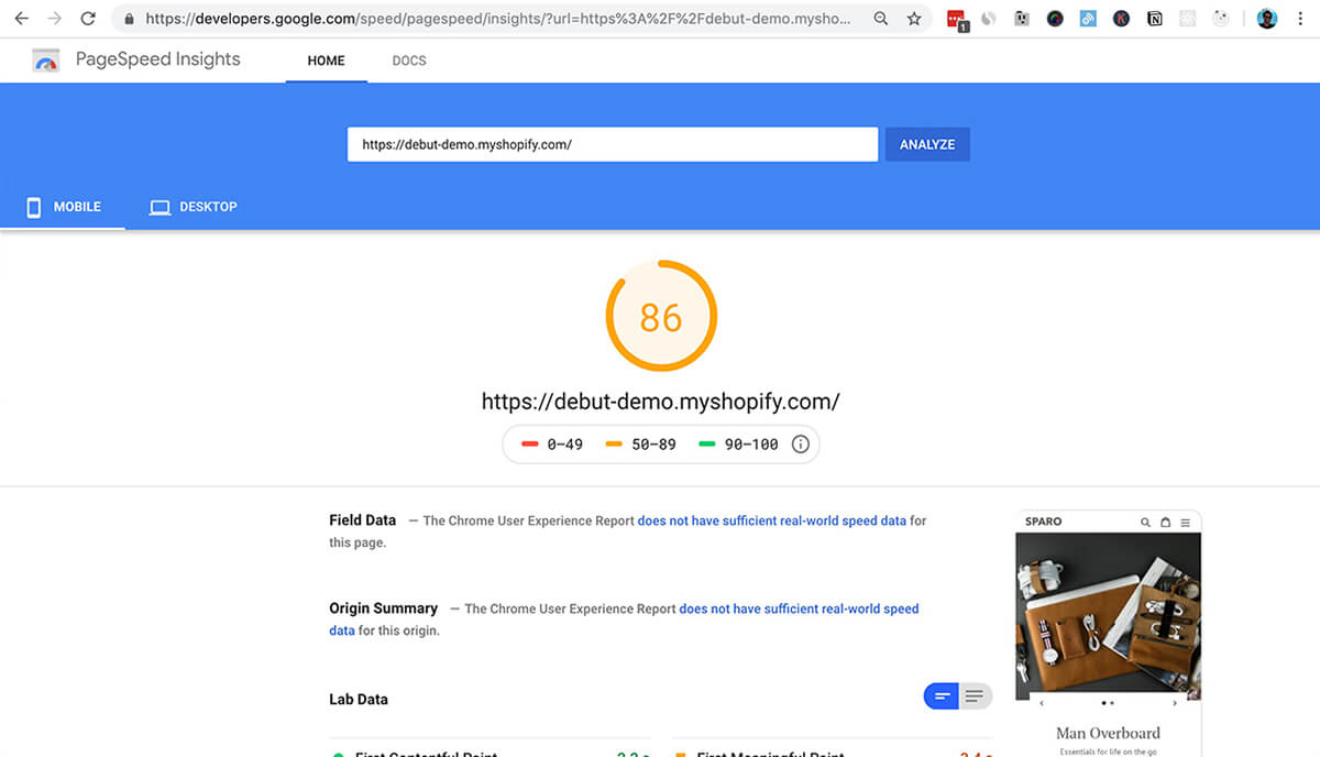 shopify debut theme google pagespeed insights score