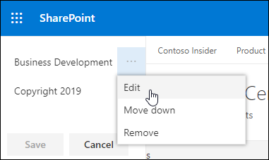 Edit existing link or label in a footer on a SharePoint communication site.
