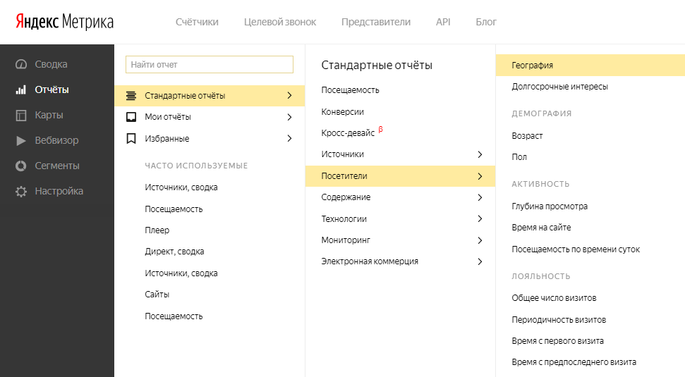 Сегменты Яндекс.Метрики – отчет «География»
