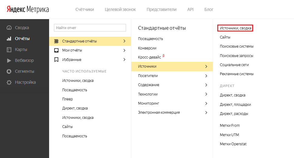 Сегменты Яндекс.Метрики – отчет «Источники, сводка»
